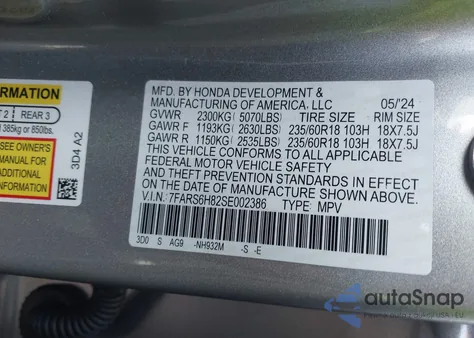 2025 Honda Cr-V Hybrid Sport-L from USA, damaged, VIN 7FARS6H82SE002386